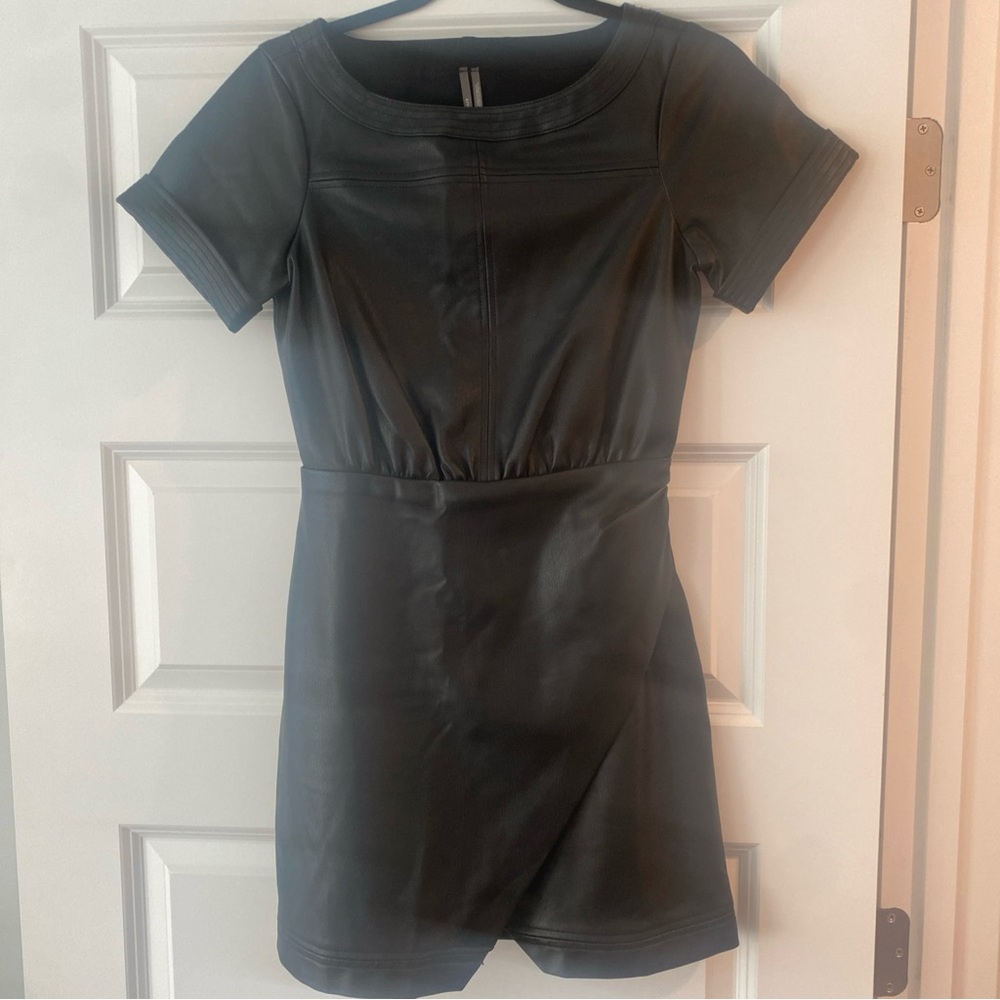 Anthropologie Black Mini Dress wrap skirt vegan leather